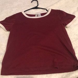 divided maroon and white t shirt